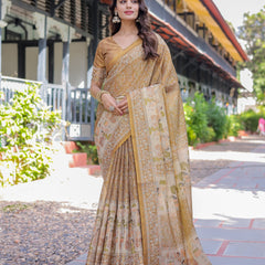 Mustard Brown Pure Handloom Cotton Saree with Village Life Digital Print & Contrast Pallu