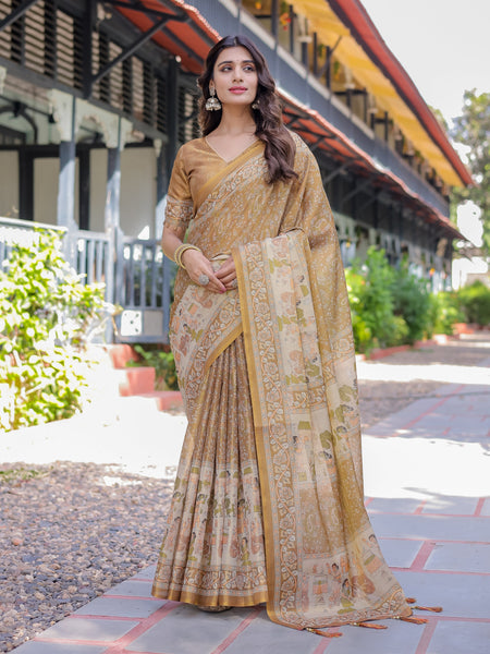 Mustard Brown Pure Handloom Cotton Saree with Village Life Digital Print & Contrast Pallu