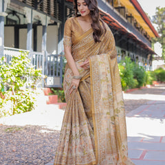 Mustard Brown Pure Handloom Cotton Saree with Village Life Digital Print & Contrast Pallu