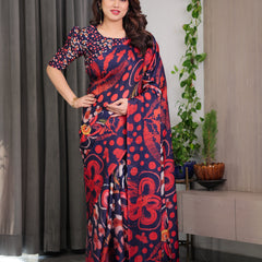 Navy Blue Abstract Floral & Polka Print Satin Georgette Saree with Red Brushstroke Motifs & Designer Attached Blouse