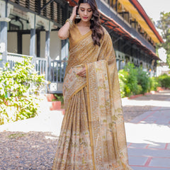 Mustard Brown Pure Handloom Cotton Saree with Village Life Digital Print & Contrast Pallu
