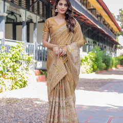 Mustard Brown Pure Handloom Cotton Saree with Village Life Digital Print & Contrast Pallu