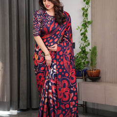 Navy Blue Abstract Floral & Polka Print Satin Georgette Saree with Red Brushstroke Motifs & Designer Attached Blouse