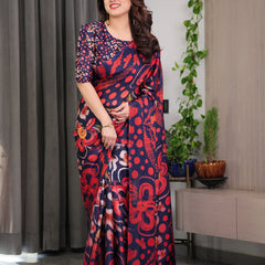 Navy Blue Abstract Floral & Polka Print Satin Georgette Saree with Red Brushstroke Motifs & Designer Attached Blouse