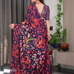Navy Blue Abstract Floral & Polka Print Satin Georgette Saree with Red Brushstroke Motifs & Designer Attached Blouse