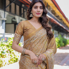 Mustard Brown Pure Handloom Cotton Saree with Village Life Digital Print & Contrast Pallu