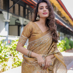 Mustard Brown Pure Handloom Cotton Saree with Village Life Digital Print & Contrast Pallu