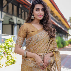 Mustard Brown Pure Handloom Cotton Saree with Village Life Digital Print & Contrast Pallu