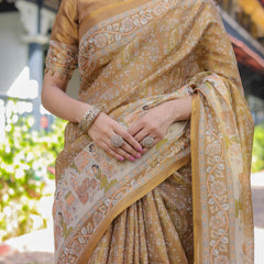 Mustard Brown Pure Handloom Cotton Saree with Village Life Digital Print & Contrast Pallu