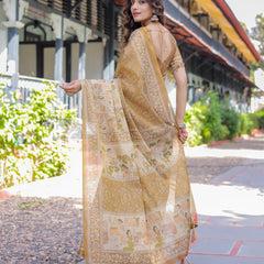 Mustard Brown Pure Handloom Cotton Saree with Village Life Digital Print & Contrast Pallu