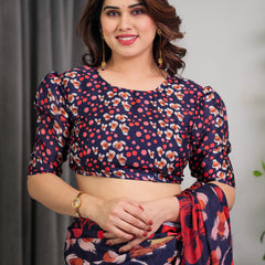Navy Blue Abstract Floral & Polka Print Satin Georgette Saree with Red Brushstroke Motifs & Designer Attached Blouse