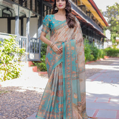 Teal Beige Handloom Cotton Saree with Swan Motif Pallu & Floral Digital Print