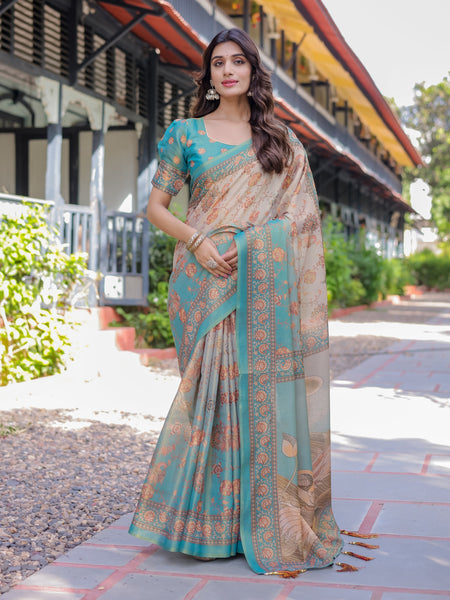 Teal Beige Handloom Cotton Saree with Swan Motif Pallu & Floral Digital Print