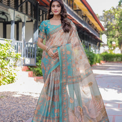 Teal Beige Handloom Cotton Saree with Swan Motif Pallu & Floral Digital Print