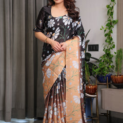 Black & Peach Daisy Floral Printed Satin Georgette Saree with Contrast Pallu and Designer Attached Blouse