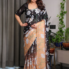 Black & Peach Daisy Floral Printed Satin Georgette Saree with Contrast Pallu and Designer Attached Blouse