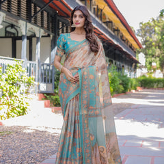 Teal Beige Handloom Cotton Saree with Swan Motif Pallu & Floral Digital Print