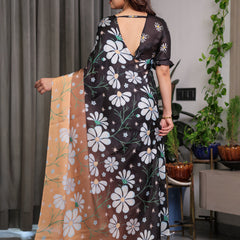 Black & Peach Daisy Floral Printed Satin Georgette Saree with Contrast Pallu and Designer Attached Blouse