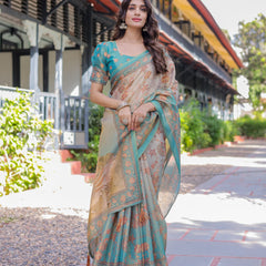 Teal Beige Handloom Cotton Saree with Swan Motif Pallu & Floral Digital Print
