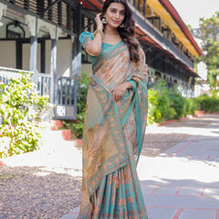 Teal Beige Handloom Cotton Saree with Swan Motif Pallu & Floral Digital Print