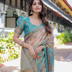Teal Beige Handloom Cotton Saree with Swan Motif Pallu & Floral Digital Print