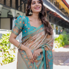 Teal Beige Handloom Cotton Saree with Swan Motif Pallu & Floral Digital Print