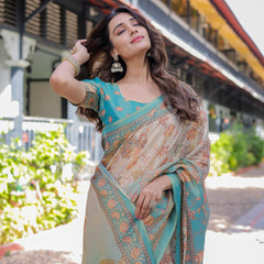 Teal Beige Handloom Cotton Saree with Swan Motif Pallu & Floral Digital Print