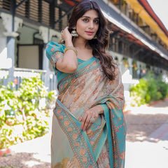 Teal Beige Handloom Cotton Saree with Swan Motif Pallu & Floral Digital Print