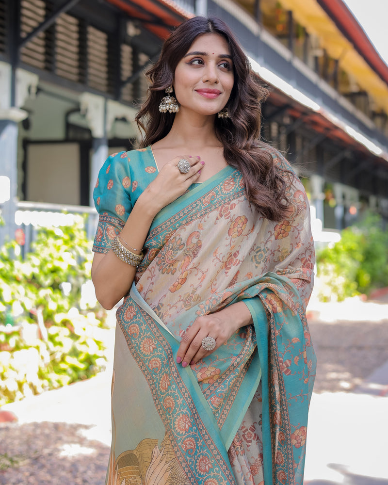 Teal Beige Handloom Cotton Saree with Swan Motif Pallu & Floral Digital Print