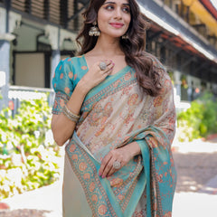 Teal Beige Handloom Cotton Saree with Swan Motif Pallu & Floral Digital Print