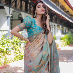 Teal Beige Handloom Cotton Saree with Swan Motif Pallu & Floral Digital Print