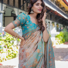 Teal Beige Handloom Cotton Saree with Swan Motif Pallu & Floral Digital Print