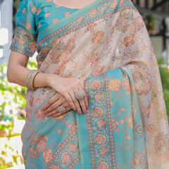 Teal Beige Handloom Cotton Saree with Swan Motif Pallu & Floral Digital Print