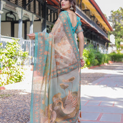 Teal Beige Handloom Cotton Saree with Swan Motif Pallu & Floral Digital Print