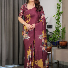 Maroon Floral Satin Georgette Saree with Mustard Leaf Print & Designer Attached Blouse – Soft Elegant Draping Saree