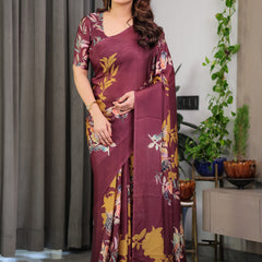 Maroon Floral Satin Georgette Saree with Mustard Leaf Print & Designer Attached Blouse – Soft Elegant Draping Saree