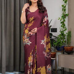 Maroon Floral Satin Georgette Saree with Mustard Leaf Print & Designer Attached Blouse – Soft Elegant Draping Saree
