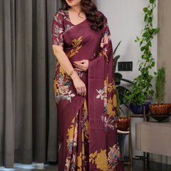 Maroon Floral Satin Georgette Saree with Mustard Leaf Print & Designer Attached Blouse – Soft Elegant Draping Saree