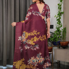 Maroon Floral Satin Georgette Saree with Mustard Leaf Print & Designer Attached Blouse – Soft Elegant Draping Saree
