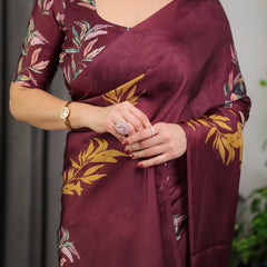 Maroon Floral Satin Georgette Saree with Mustard Leaf Print & Designer Attached Blouse – Soft Elegant Draping Saree