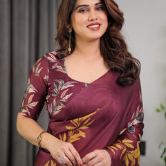 Maroon Floral Satin Georgette Saree with Mustard Leaf Print & Designer Attached Blouse – Soft Elegant Draping Saree