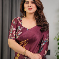 Maroon Floral Satin Georgette Saree with Mustard Leaf Print & Designer Attached Blouse – Soft Elegant Draping Saree