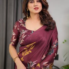 Maroon Floral Satin Georgette Saree with Mustard Leaf Print & Designer Attached Blouse – Soft Elegant Draping Saree