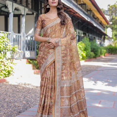 Royal Brown Procession Print Handloom Cotton Saree with Illustrated Pallu & Blouse