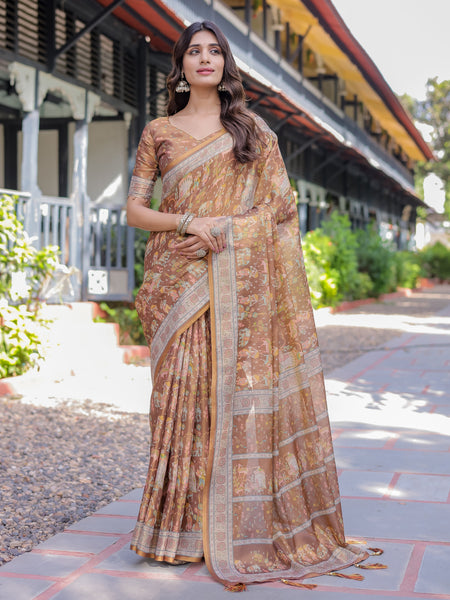 Royal Brown Procession Print Handloom Cotton Saree with Illustrated Pallu & Blouse
