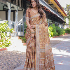 Royal Brown Procession Print Handloom Cotton Saree with Illustrated Pallu & Blouse