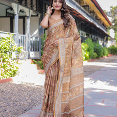 Royal Brown Procession Print Handloom Cotton Saree with Illustrated Pallu & Blouse