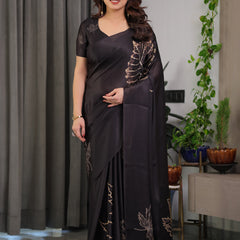 Black Satin Georgette Saree with Gold Leaf Outline Print & Designer Attached Blouse – Elegant Minimal Botanical Saree