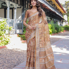 Royal Brown Procession Print Handloom Cotton Saree with Illustrated Pallu & Blouse