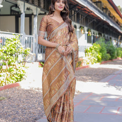 Royal Brown Procession Print Handloom Cotton Saree with Illustrated Pallu & Blouse